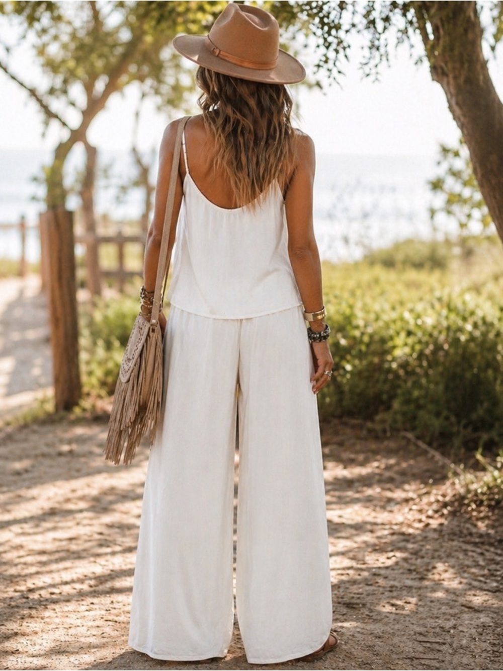 ZENANA Ivory Boho Chic Lounge Pants and Cami Top Set Size Large NWT - Picture 3 of 7